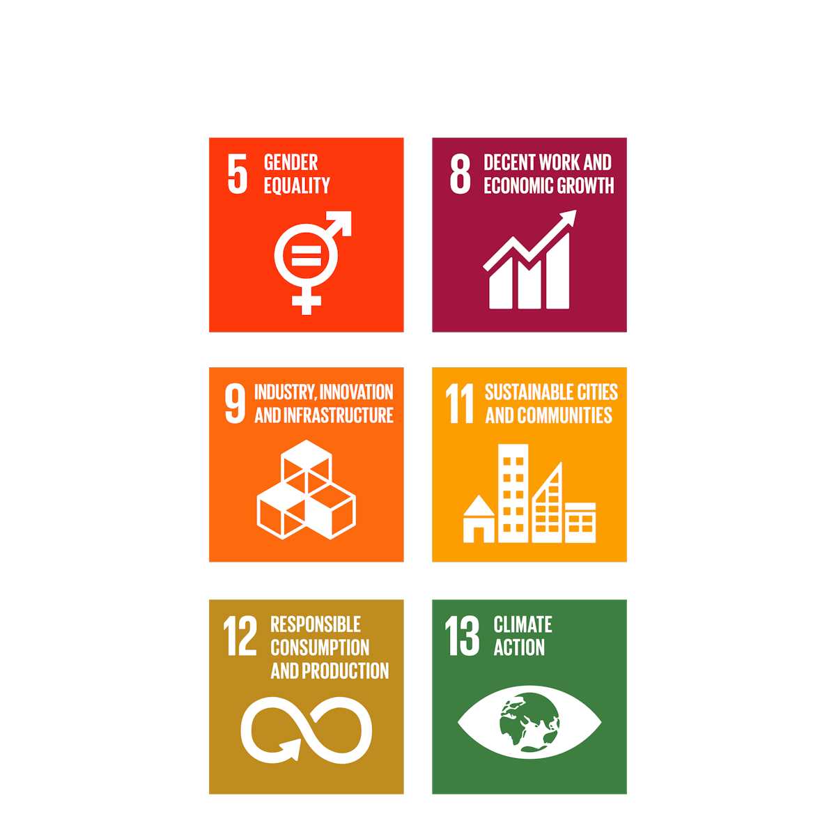 5. Gender equality, 8. Decent work and economic growth, 9. industry, innovation and infrastructure, 11. sustainable cities and communities, 10. responsible consumption and production, 13. climate action