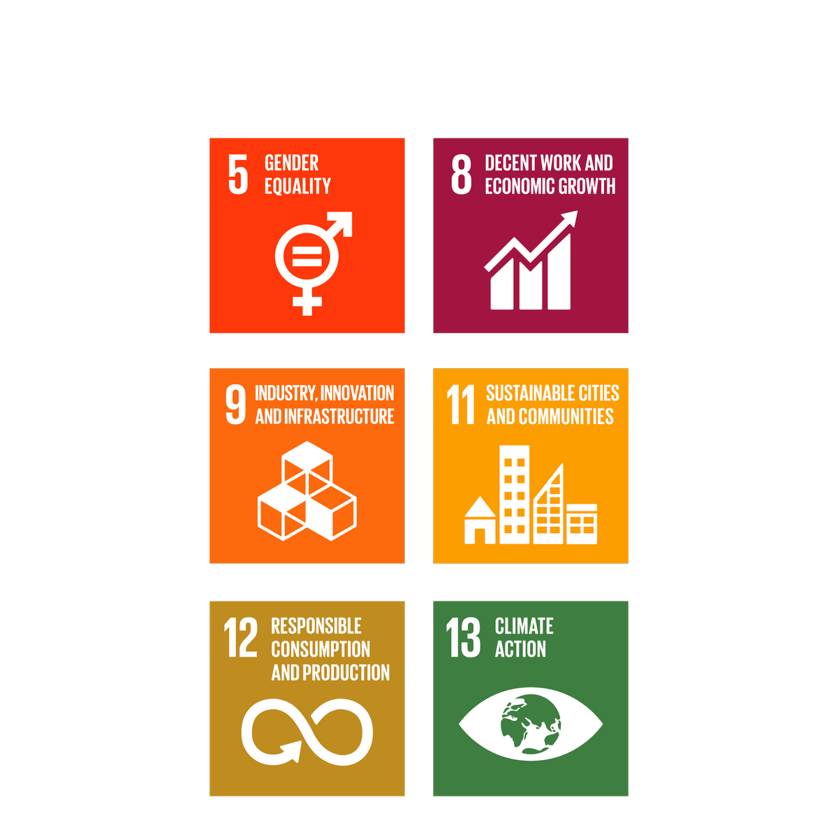 5. Gender equality, 8. Decent work and economic growth, 9. industry, innovation and infrastructure, 11. sustainable cities and communities, 10. responsible consumption and production, 13. climate action